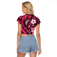 Personalised Memorial Breast Cancer Awareness Raglan Cropped T Shirt Plumeria Floral Tribal Pattern LT05 - Polynesian Pride