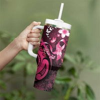 Personalised Memorial Breast Cancer Awareness Tumbler With Handle Plumeria Floral Tribal Pattern - Polynesian Pride