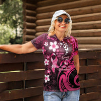 Personalised Memorial Breast Cancer Awareness Women Polo Shirt Plumeria Floral Tribal Pattern LT05 - Polynesian Pride
