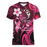 Personalised Memorial Breast Cancer Awareness Women V-Neck T-Shirt Plumeria Floral Tribal Pattern LT05 Female Black - Polynesian Pride