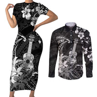 Hawaii Ukulele Couples Matching Short Sleeve Bodycon Dress and Long Sleeve Button Shirt Polynesian Pattern Mix Hibiscus Black Version LT05
