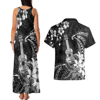 Hawaii Ukulele Couples Matching Tank Maxi Dress and Hawaiian Shirt Polynesian Pattern Mix Hibiscus Black Version LT05