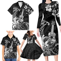 Hawaii Ukulele Family Matching Long Sleeve Bodycon Dress and Hawaiian Shirt Polynesian Pattern Mix Hibiscus Black Version LT05