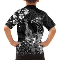 Hawaii Ukulele Family Matching Tank Maxi Dress and Hawaiian Shirt Polynesian Pattern Mix Hibiscus Black Version LT05