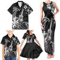 Hawaii Ukulele Family Matching Tank Maxi Dress and Hawaiian Shirt Polynesian Pattern Mix Hibiscus Black Version LT05