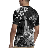 Hawaii Ukulele Rugby Jersey Polynesian Pattern Mix Hibiscus Black Version LT05