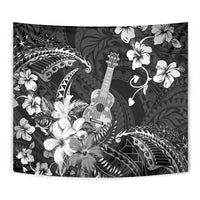 Hawaii Ukulele Tapestry Polynesian Pattern Mix Hibiscus Black Version