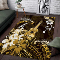 Hawaii Ukulele Area Rug Polynesian Pattern Mix Hibiscus Gold Version