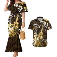 Hawaii Ukulele Couples Matching Mermaid Dress and Hawaiian Shirt Polynesian Pattern Mix Hibiscus Gold Version LT05