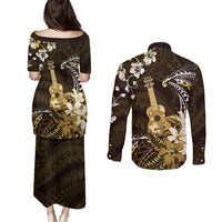 Hawaii Ukulele Couples Matching Puletasi and Long Sleeve Button Shirt Polynesian Pattern Mix Hibiscus Gold Version LT05