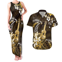 Hawaii Ukulele Couples Matching Tank Maxi Dress and Hawaiian Shirt Polynesian Pattern Mix Hibiscus Gold Version LT05