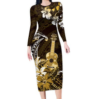 Hawaii Ukulele Family Matching Long Sleeve Bodycon Dress and Hawaiian Shirt Polynesian Pattern Mix Hibiscus Gold Version LT05