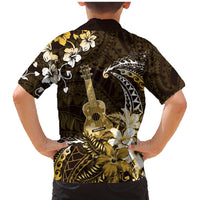 Hawaii Ukulele Family Matching Mermaid Dress and Hawaiian Shirt Polynesian Pattern Mix Hibiscus Gold Version LT05