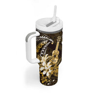 Hawaii Ukulele Tumbler With Handle Polynesian Pattern Mix Hibiscus Gold Version
