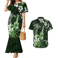 Hawaii Ukulele Couples Matching Mermaid Dress and Hawaiian Shirt Polynesian Pattern Mix Hibiscus Green Version LT05