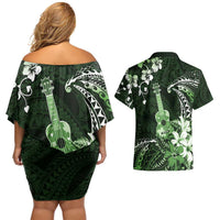 Hawaii Ukulele Couples Matching Off Shoulder Short Dress and Hawaiian Shirt Polynesian Pattern Mix Hibiscus Green Version LT05