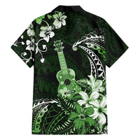 Hawaii Ukulele Family Matching Off The Shoulder Long Sleeve Dress and Hawaiian Shirt Polynesian Pattern Mix Hibiscus Green Version LT05