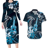 Hawaii Ukulele Couples Matching Long Sleeve Bodycon Dress and Hawaiian Shirt Polynesian Pattern Mix Hibiscus Blue Version LT05