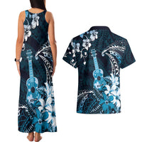 Hawaii Ukulele Couples Matching Tank Maxi Dress and Hawaiian Shirt Polynesian Pattern Mix Hibiscus Blue Version LT05