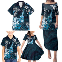 Hawaii Ukulele Family Matching Puletasi and Hawaiian Shirt Polynesian Pattern Mix Hibiscus Blue Version LT05