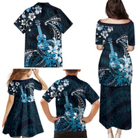 Hawaii Ukulele Family Matching Puletasi and Hawaiian Shirt Polynesian Pattern Mix Hibiscus Blue Version LT05