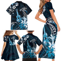 Hawaii Ukulele Family Matching Short Sleeve Bodycon Dress and Hawaiian Shirt Polynesian Pattern Mix Hibiscus Blue Version LT05