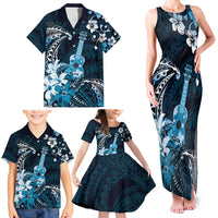Hawaii Ukulele Family Matching Tank Maxi Dress and Hawaiian Shirt Polynesian Pattern Mix Hibiscus Blue Version LT05