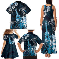 Hawaii Ukulele Family Matching Tank Maxi Dress and Hawaiian Shirt Polynesian Pattern Mix Hibiscus Blue Version LT05