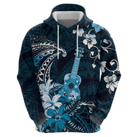 Hawaii Ukulele Zip Hoodie Polynesian Pattern Mix Hibiscus Blue Version LT05