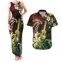 Hawaii Ukulele Couples Matching Tank Maxi Dress and Hawaiian Shirt Polynesian Pattern Mix Hibiscus Reggae Version LT05