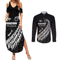 Custom New Zealand Marathon Couples Matching Summer Maxi Dress and Long Sleeve Button Shirt Maori Style LT05 Black - Polynesian Pride