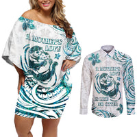 New Zealand Aotearoa Hari Ra Mama Couples Matching Off Shoulder Short Dress and Long Sleeve Button Shirt A Mother's Love Is Like No Otter LT05 White - Polynesian Pride