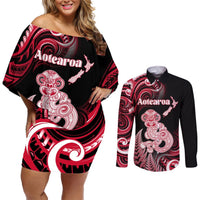 Personalised New Zealand Maori Taniwha Couples Matching Off Shoulder Short Dress and Long Sleeve Button Shirt Silver Fern Red Version LT05 Red - Polynesian Pride