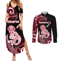 Personalised New Zealand Maori Taniwha Couples Matching Summer Maxi Dress and Long Sleeve Button Shirt Silver Fern Red Version LT05 Red - Polynesian Pride