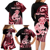 Personalised New Zealand Maori Taniwha Family Matching Long Sleeve Bodycon Dress and Hawaiian Shirt Silver Fern Red Version LT05 - Polynesian Pride