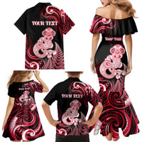 Personalised New Zealand Maori Taniwha Family Matching Mermaid Dress and Hawaiian Shirt Silver Fern Red Version LT05 - Polynesian Pride