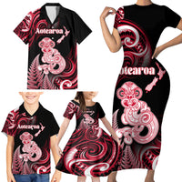Personalised New Zealand Maori Taniwha Family Matching Short Sleeve Bodycon Dress and Hawaiian Shirt Silver Fern Red Version LT05 - Polynesian Pride