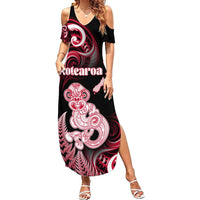 Personalised New Zealand Maori Taniwha Summer Maxi Dress Silver Fern Red Version LT05 Women Red - Polynesian Pride