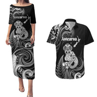 Personalised New Zealand Maori Taniwha Couples Matching Puletasi and Hawaiian Shirt Silver Fern Black Version LT05 Black - Polynesian Pride