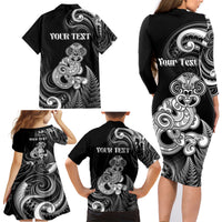 Personalised New Zealand Maori Taniwha Family Matching Long Sleeve Bodycon Dress and Hawaiian Shirt Silver Fern Black Version LT05 - Polynesian Pride