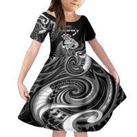 Personalised New Zealand Maori Taniwha Family Matching Puletasi and Hawaiian Shirt Silver Fern Black Version LT05 Daughter's Dress Black - Polynesian Pride