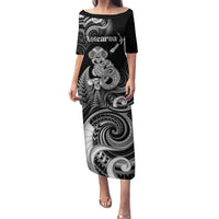 Personalised New Zealand Maori Taniwha Family Matching Puletasi and Hawaiian Shirt Silver Fern Black Version LT05 Mom's Dress Black - Polynesian Pride