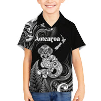 Personalised New Zealand Maori Taniwha Family Matching Puletasi and Hawaiian Shirt Silver Fern Black Version LT05 Son's Shirt Black - Polynesian Pride