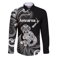 Personalised New Zealand Maori Taniwha Family Matching Short Sleeve Bodycon Dress and Hawaiian Shirt Silver Fern Black Version LT05 Dad's Shirt - Long Sleeve Black - Polynesian Pride