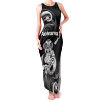Personalised New Zealand Maori Taniwha Family Matching Tank Maxi Dress and Hawaiian Shirt Silver Fern Black Version