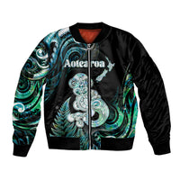 Personalised New Zealand Maori Taniwha Bomber Jacket Silver Fern Paua Shell Version LT05 Unisex Turquoise - Polynesian Pride