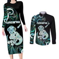 Personalised New Zealand Maori Taniwha Couples Matching Long Sleeve Bodycon Dress and Long Sleeve Button Shirt Silver Fern Paua Shell Version LT05 Turquoise - Polynesian Pride