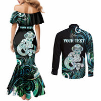 Personalised New Zealand Maori Taniwha Couples Matching Mermaid Dress and Long Sleeve Button Shirt Silver Fern Paua Shell Version LT05 - Polynesian Pride