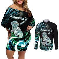 Personalised New Zealand Maori Taniwha Couples Matching Off Shoulder Short Dress and Long Sleeve Button Shirt Silver Fern Paua Shell Version LT05 Turquoise - Polynesian Pride