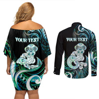 Personalised New Zealand Maori Taniwha Couples Matching Off Shoulder Short Dress and Long Sleeve Button Shirt Silver Fern Paua Shell Version LT05 - Polynesian Pride